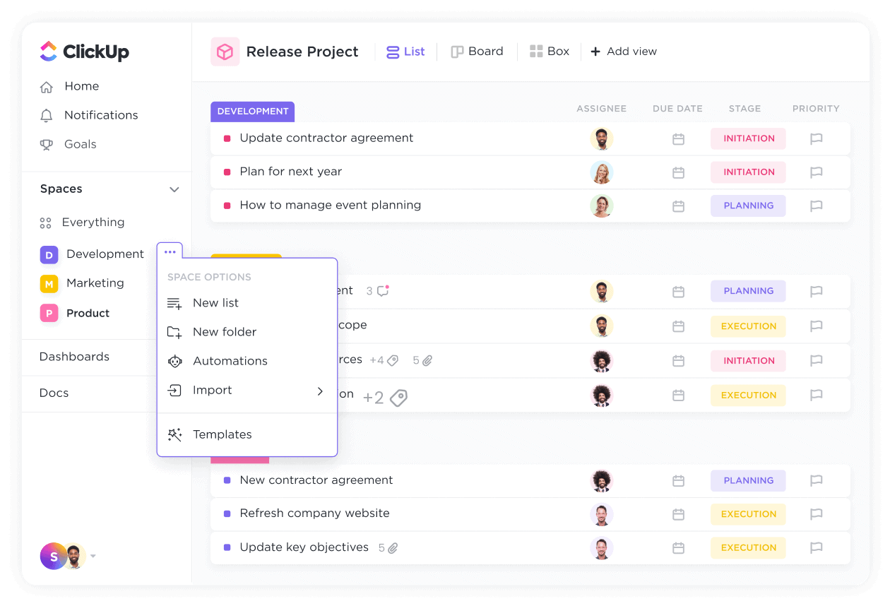 ClickUp Spaces — the starting point after onboarding, where you organize work into Spaces, Folders, and Lists